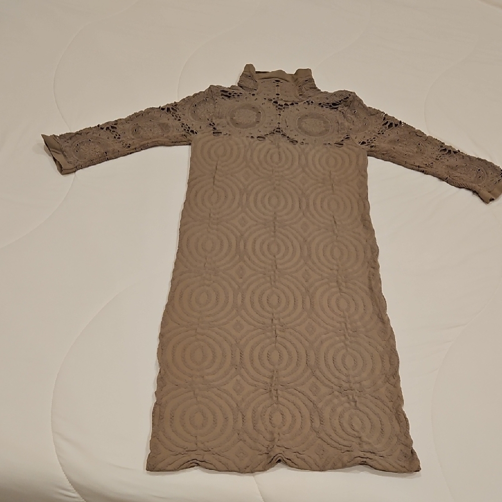 Bebe Tan Long Sleeve Sheath Dress with Mock Neck
